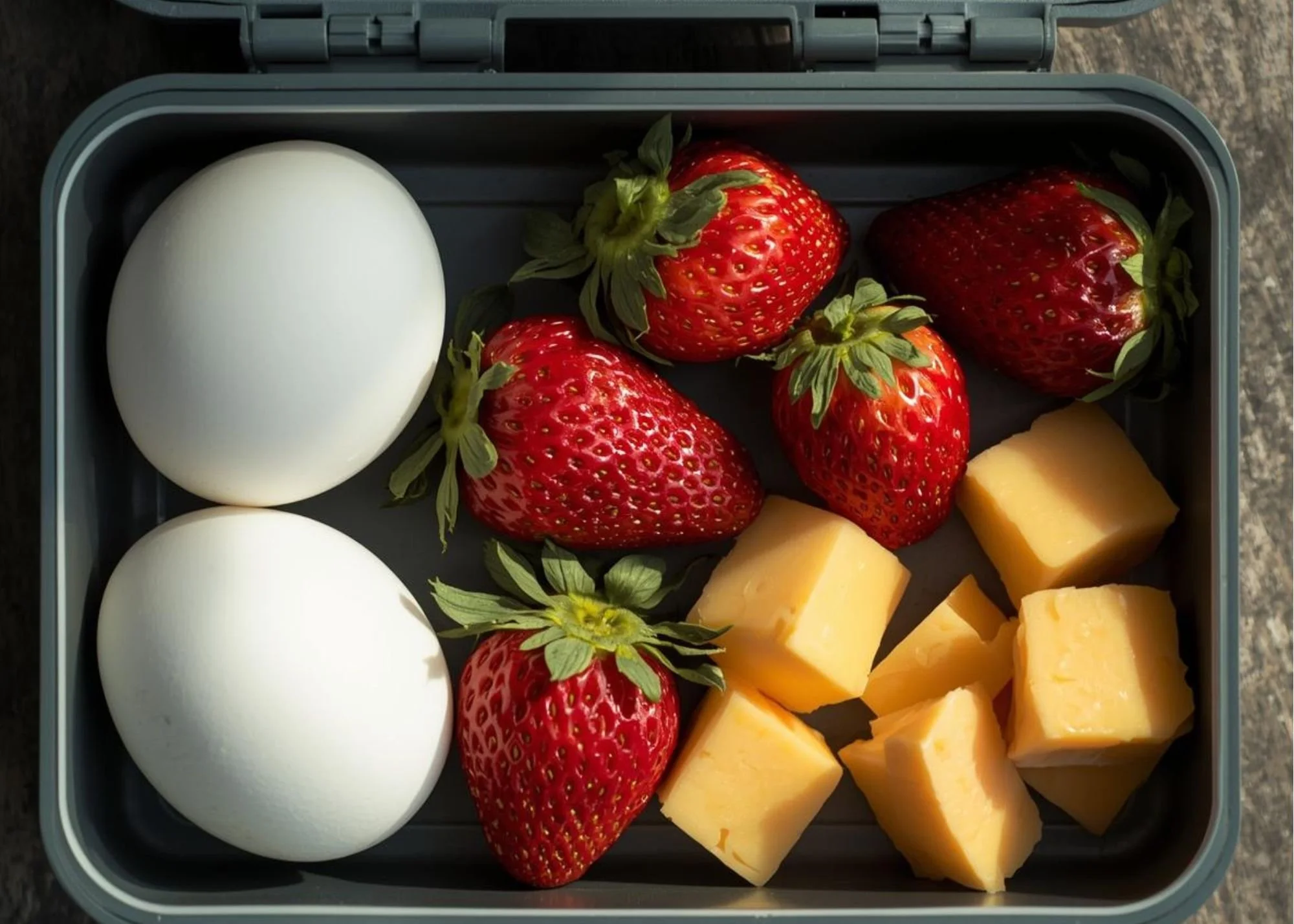 Quick grab-ready foods like boiled eggs and fruit prepared to save time.