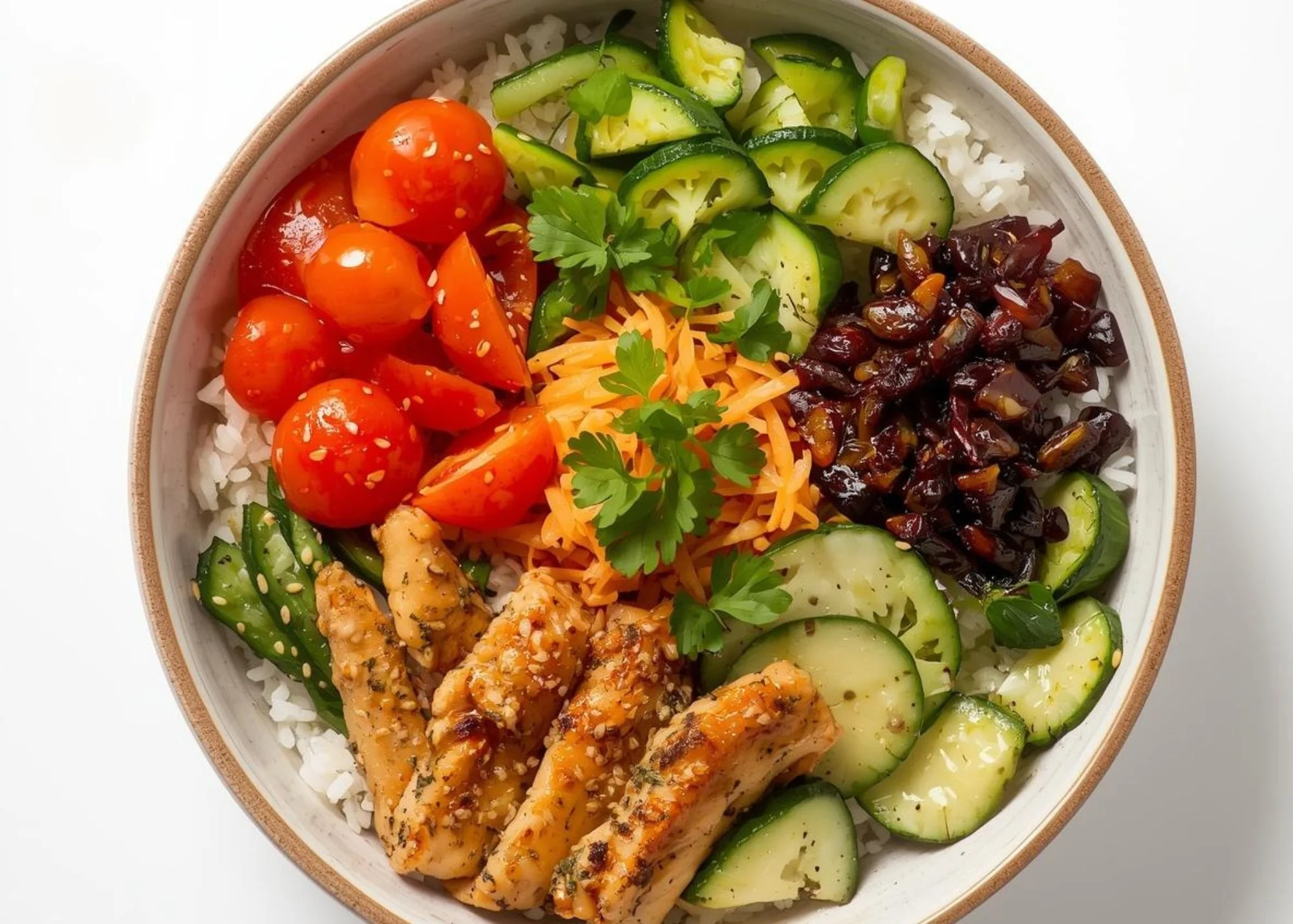 High-protein bowl made from microwave rice, pre-cooked chicken, and veggies.