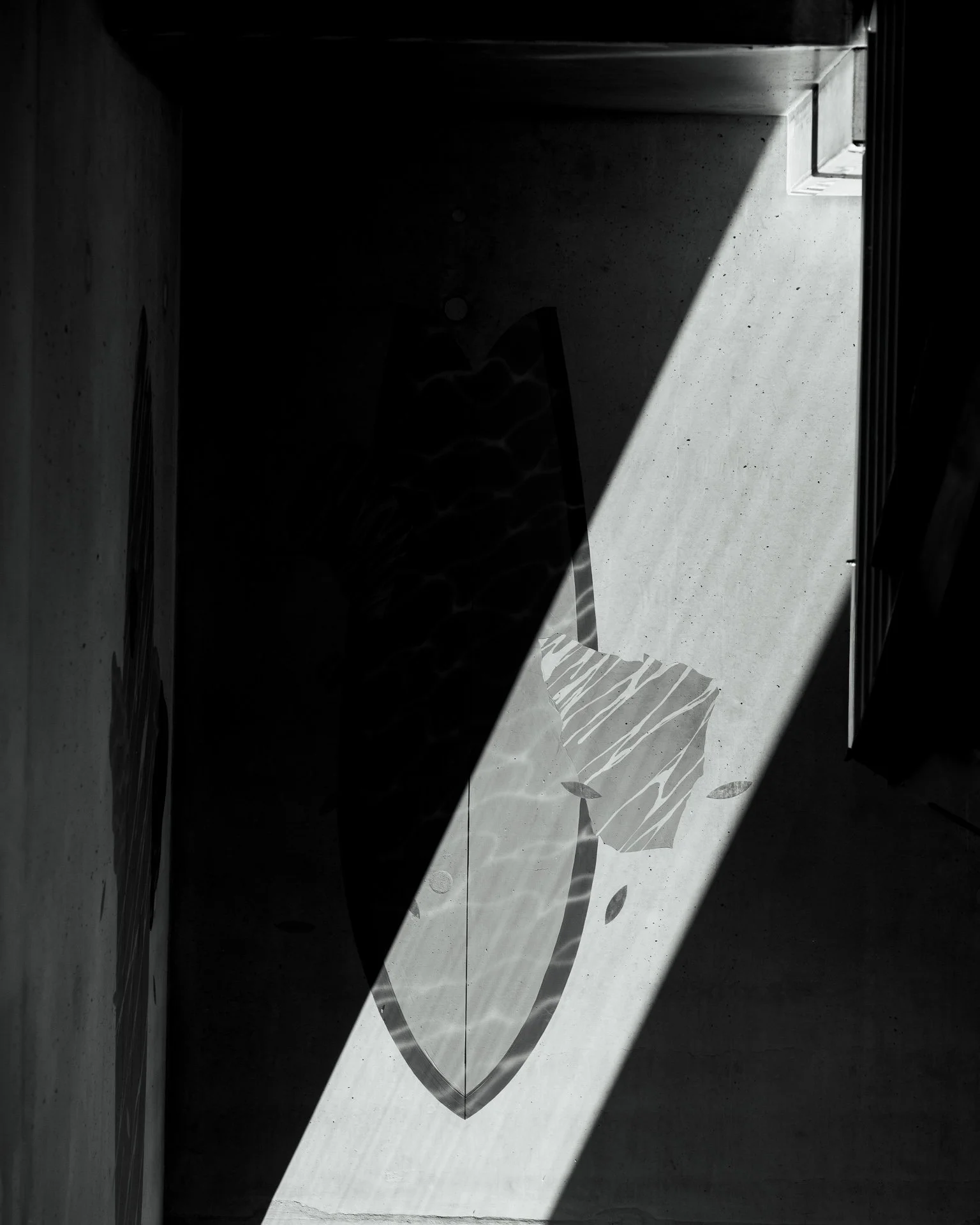 Modern concrete staircase with a shadow and a decorative leaf design on the floor.