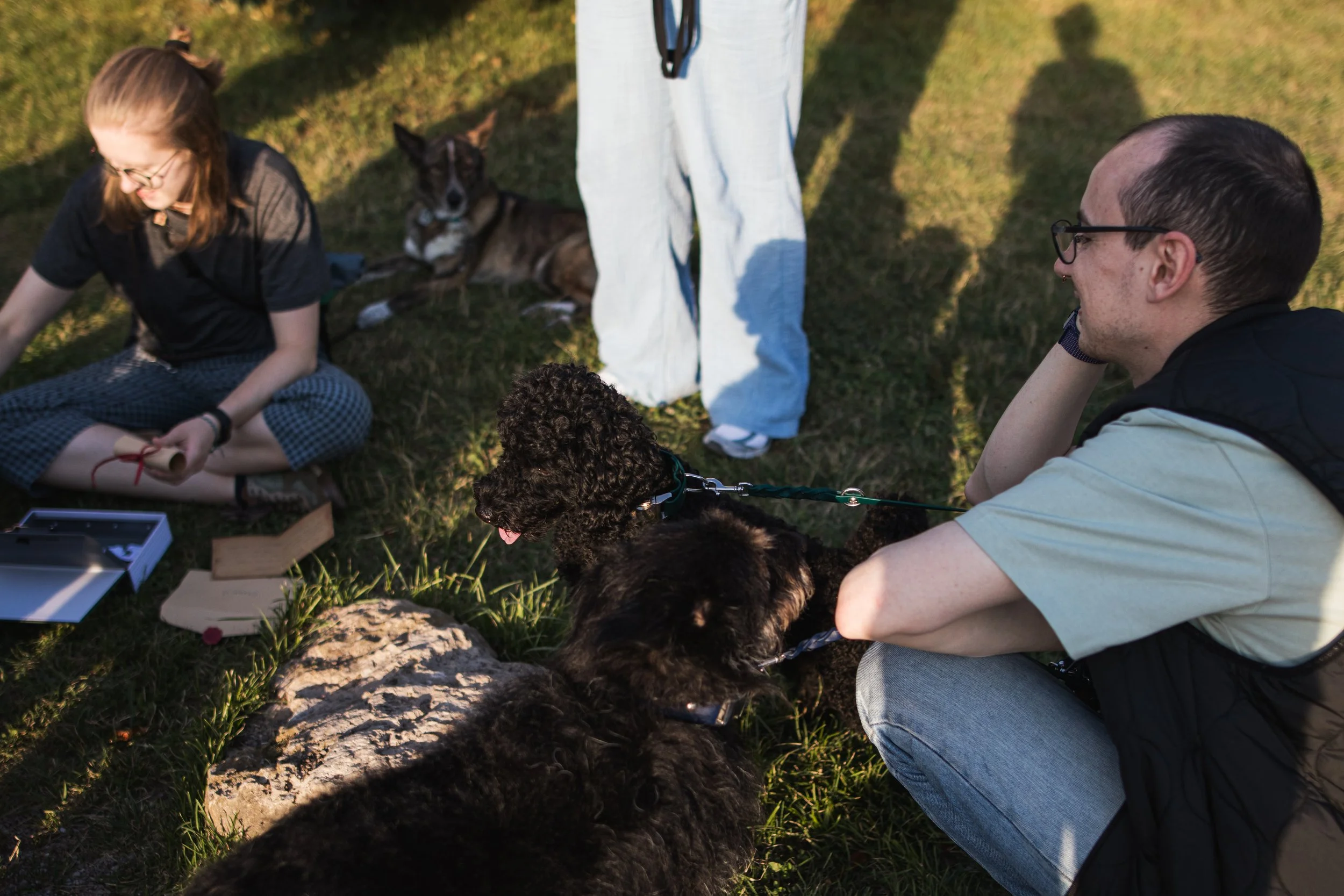 Eine Gruppe mit Menschen und Hunden auf einer Rätselsuche durch den Park an der Ilm in Weimar.