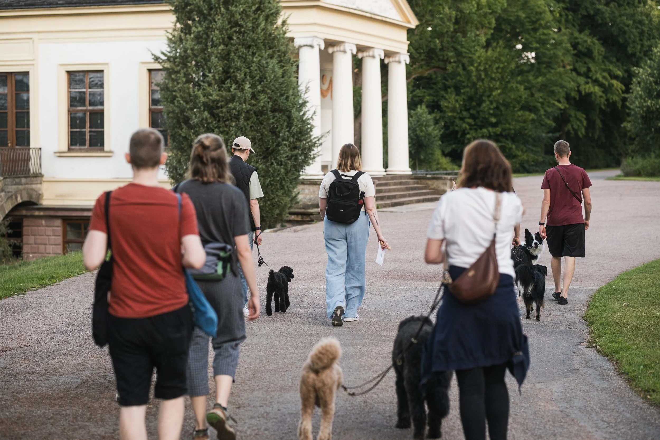 Eine Gruppe mit Menschen und Hunden auf einer Rätselsuche durch den Park an der Ilm in Weimar.