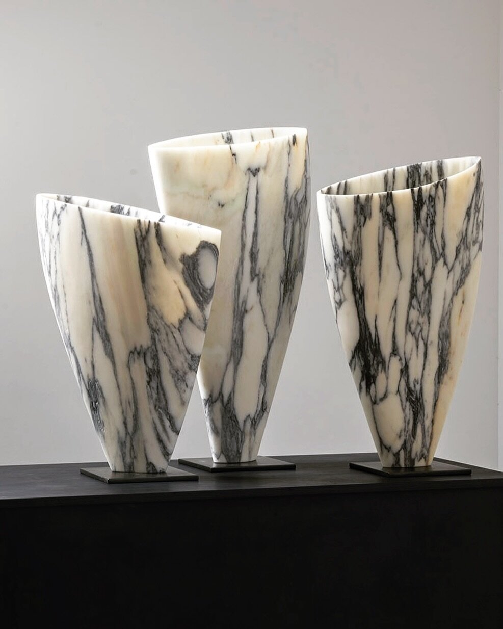 A trio of Ceres vessels in Paonazzo marble which  will be shown  @collectartfair with @qestcraft Somerset House, London  1-3
Mar (previews 28 &amp; 29 Feb). 
All carved from one block of this rare marble, from an old seam in Carrara that has particul