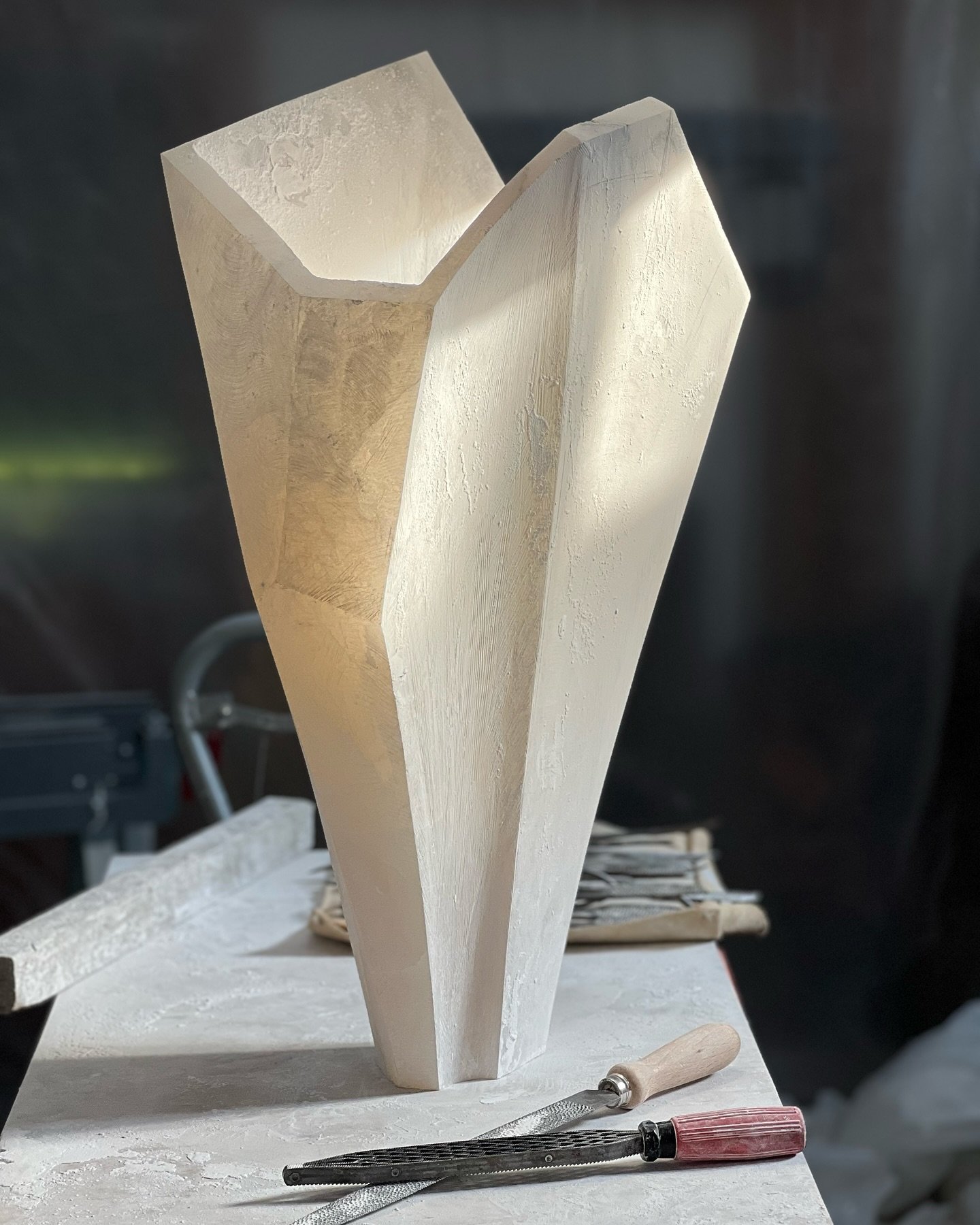 After the always nerve wracking stage of hollowing out, I&rsquo;m now refining the form of this Vault vase, deepening the curves and sharpening up the angles. I like to use a mix of Italian Milani rifflers and rasps for the curves  and a Japanese Shi