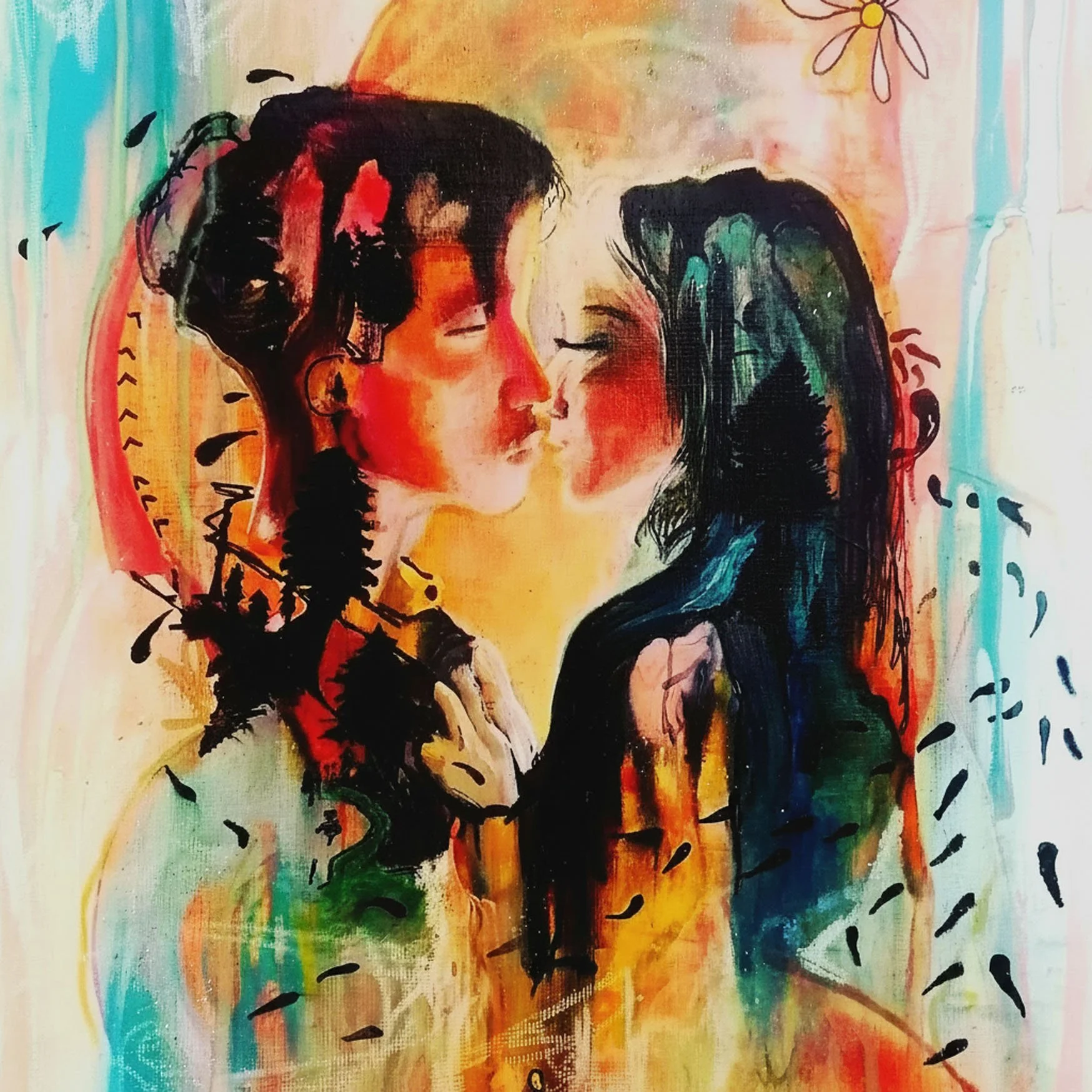 Colorful abstract painting of two lovers, engaging in an affectionate interaction with their noses touching, surrounded by swirly patterns.