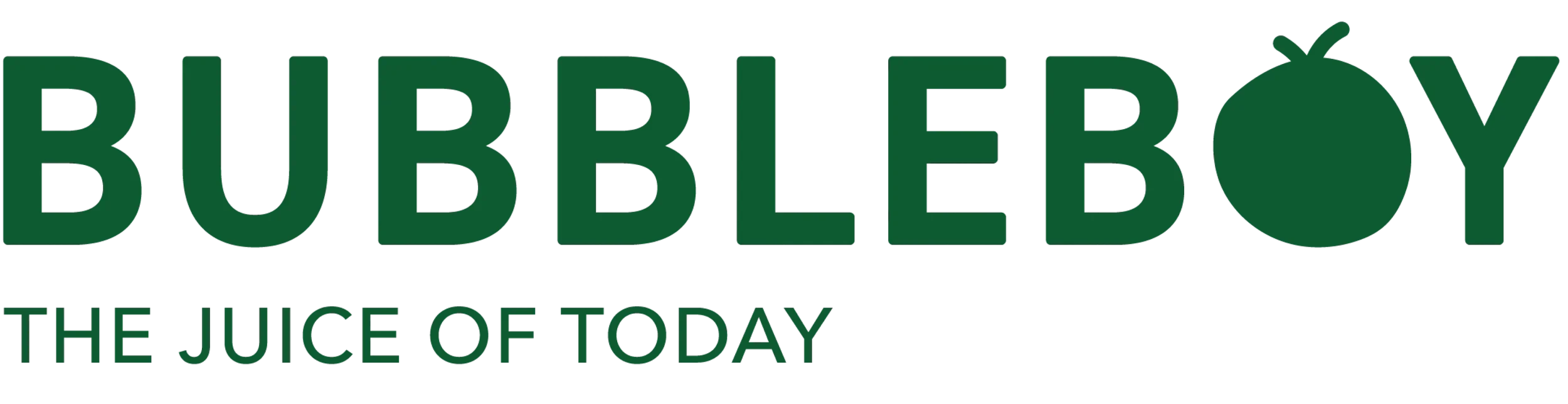 Logo for Bubble Boy Juice of Today in green text with a orange illustration replacing the 'O' in 'Boy'.