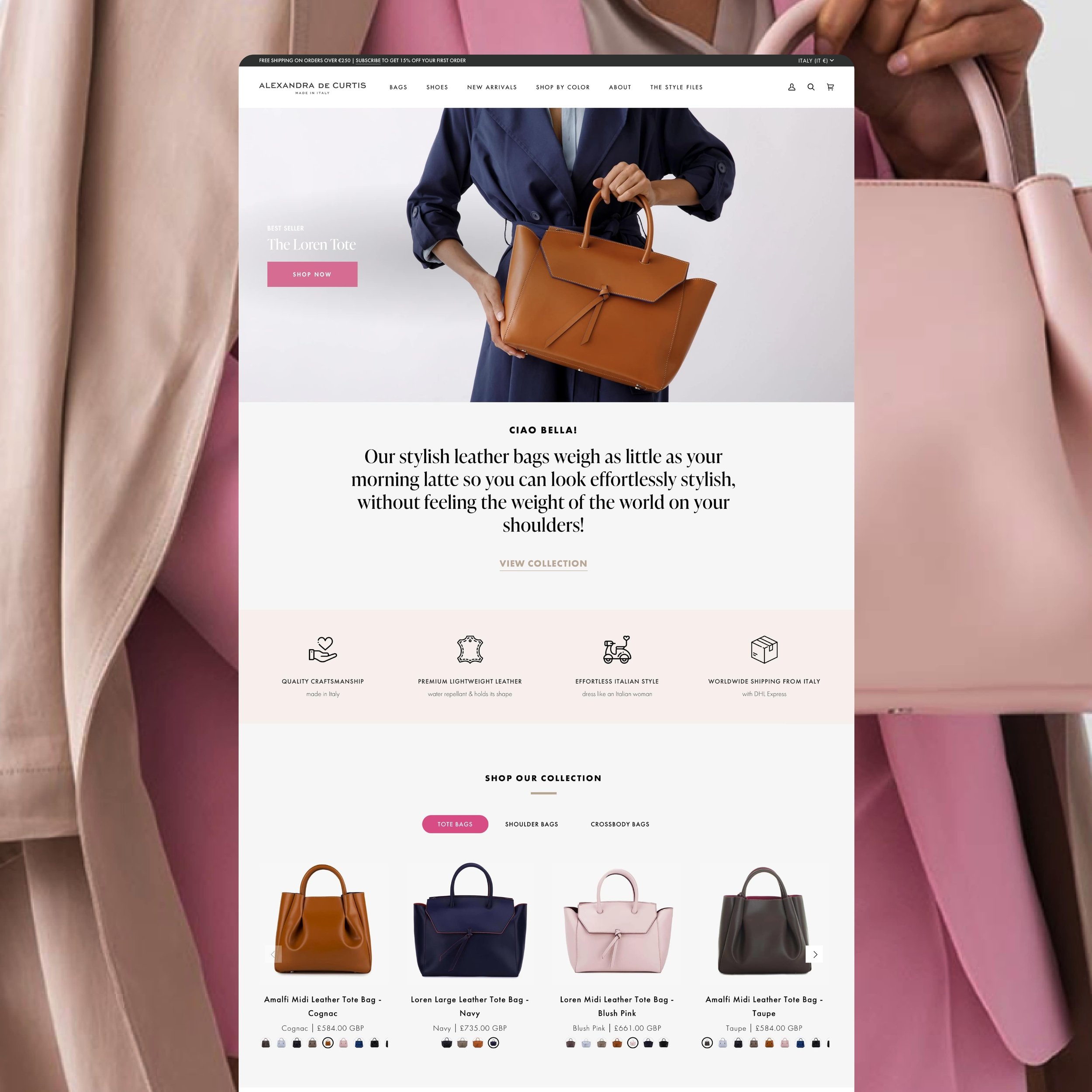 Amalfi Midi Leather Tote Bag - Blush Pink