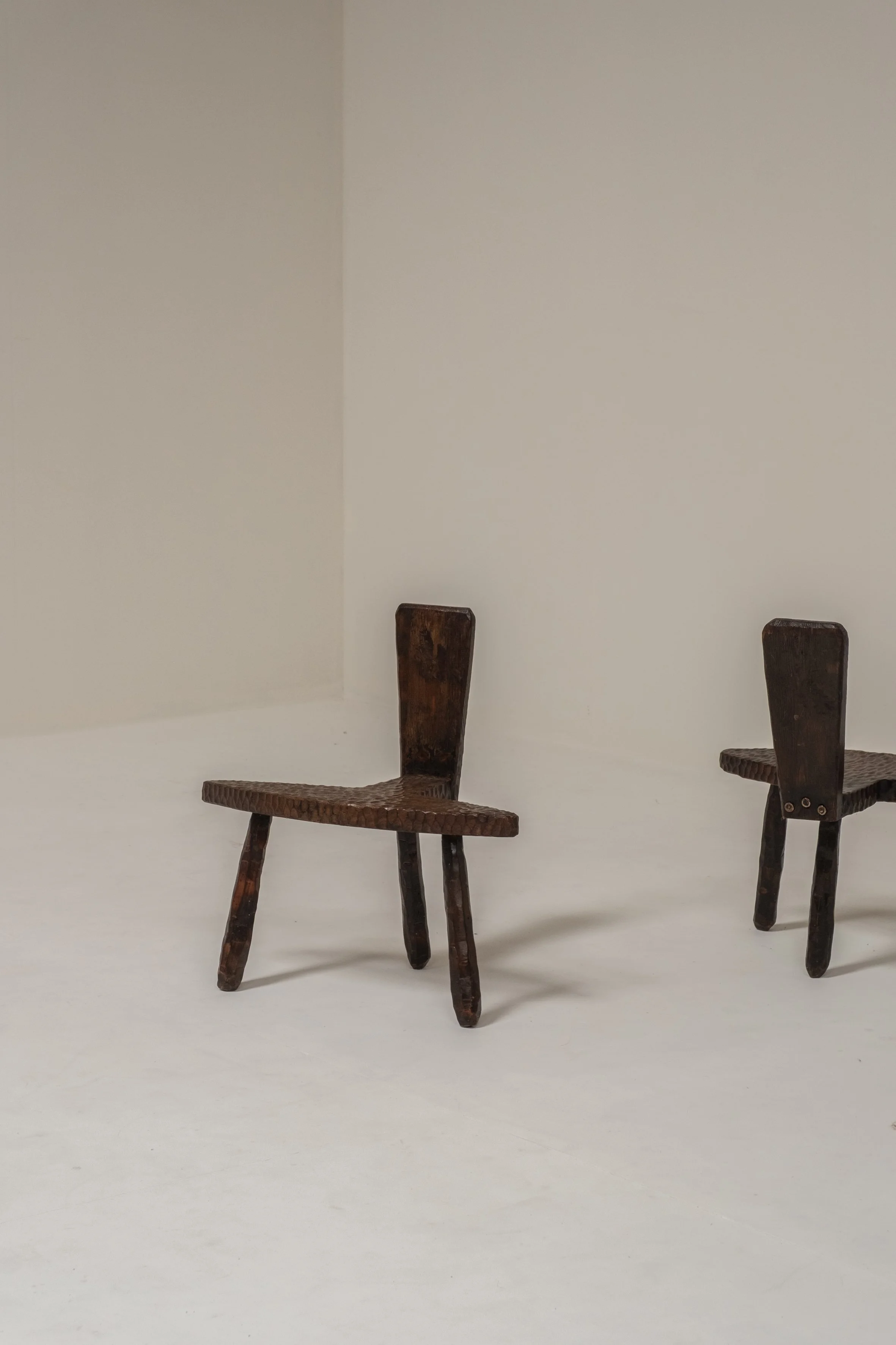 ON HOLD Pair of Hand-Carved Brutalist Wooden Chairs, France, 1950s