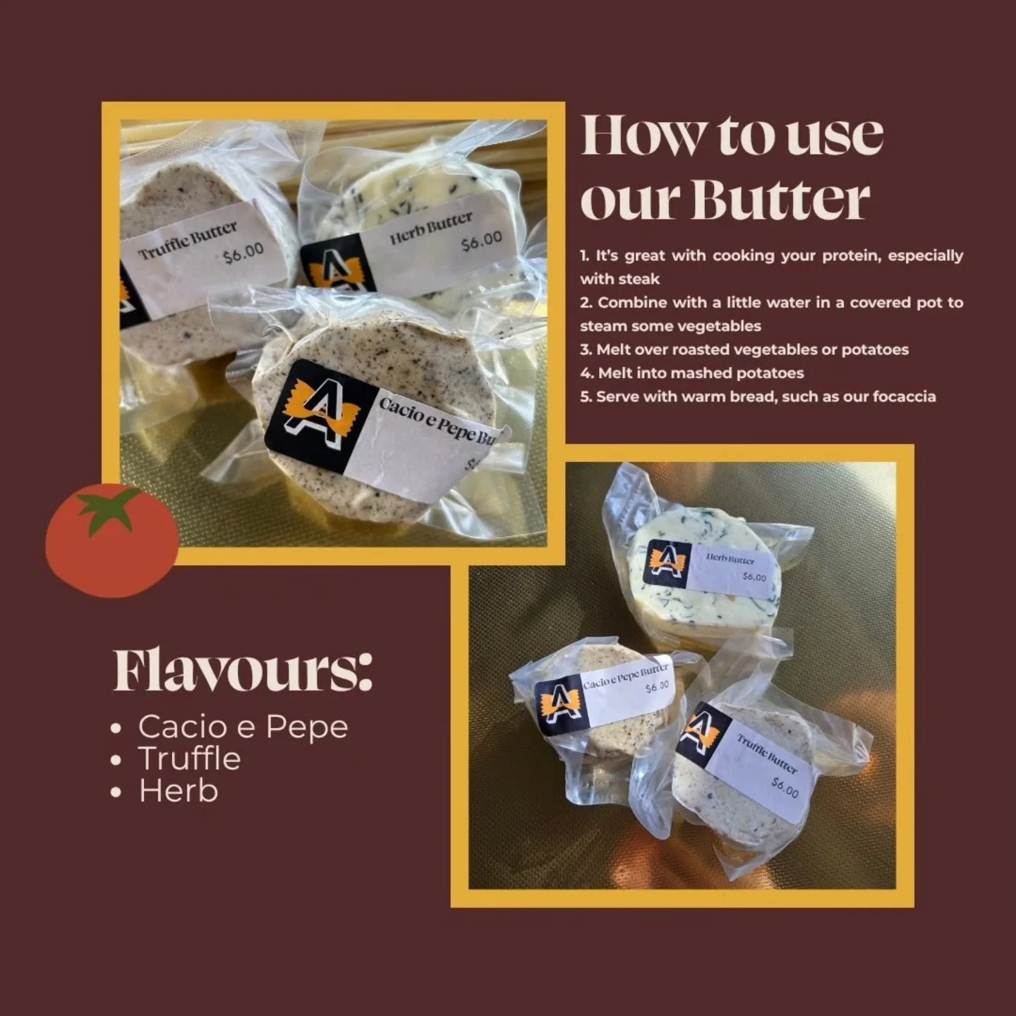 Upgrade your cooking with our butters 🧈✨

Perfect for meats, veggies, mashed potatoes or fresh focaccia.
Available in:
&bull; Cacio e Pepe
&bull; Truffle
&bull; Herb

Grab yours in-store. 

#butter #steak #focaccia #torontofood