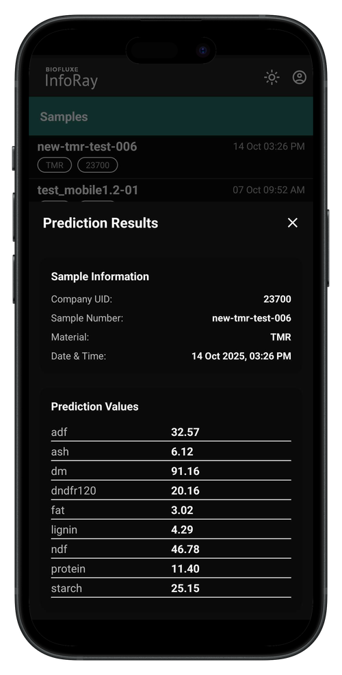 Mobile phone screen displaying bioinformatics software with 'Prediction Results' including sample info and various numerical prediction values.