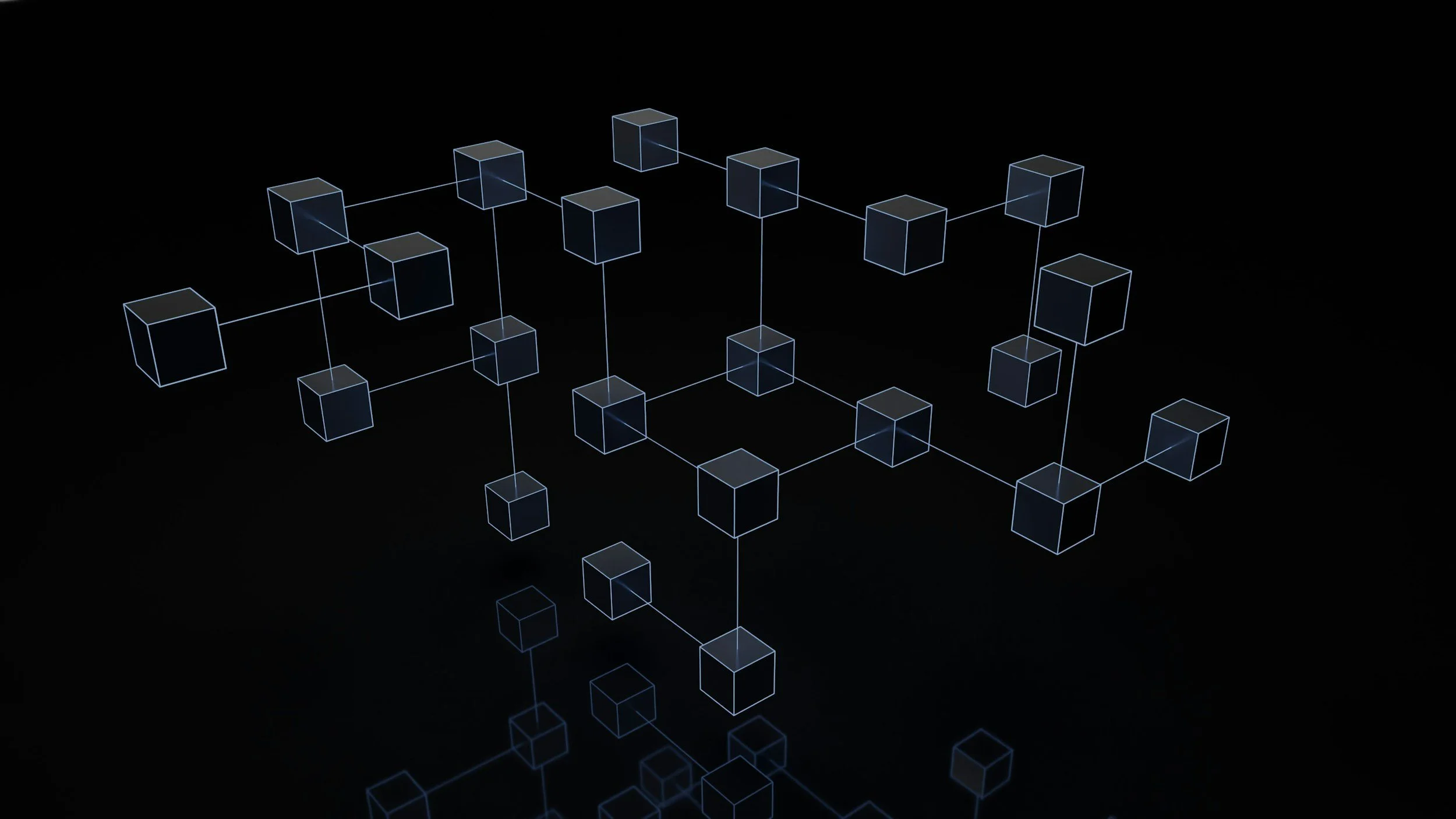Digital illustration of interconnected transparent cubes forming a geometric network on a black background.
