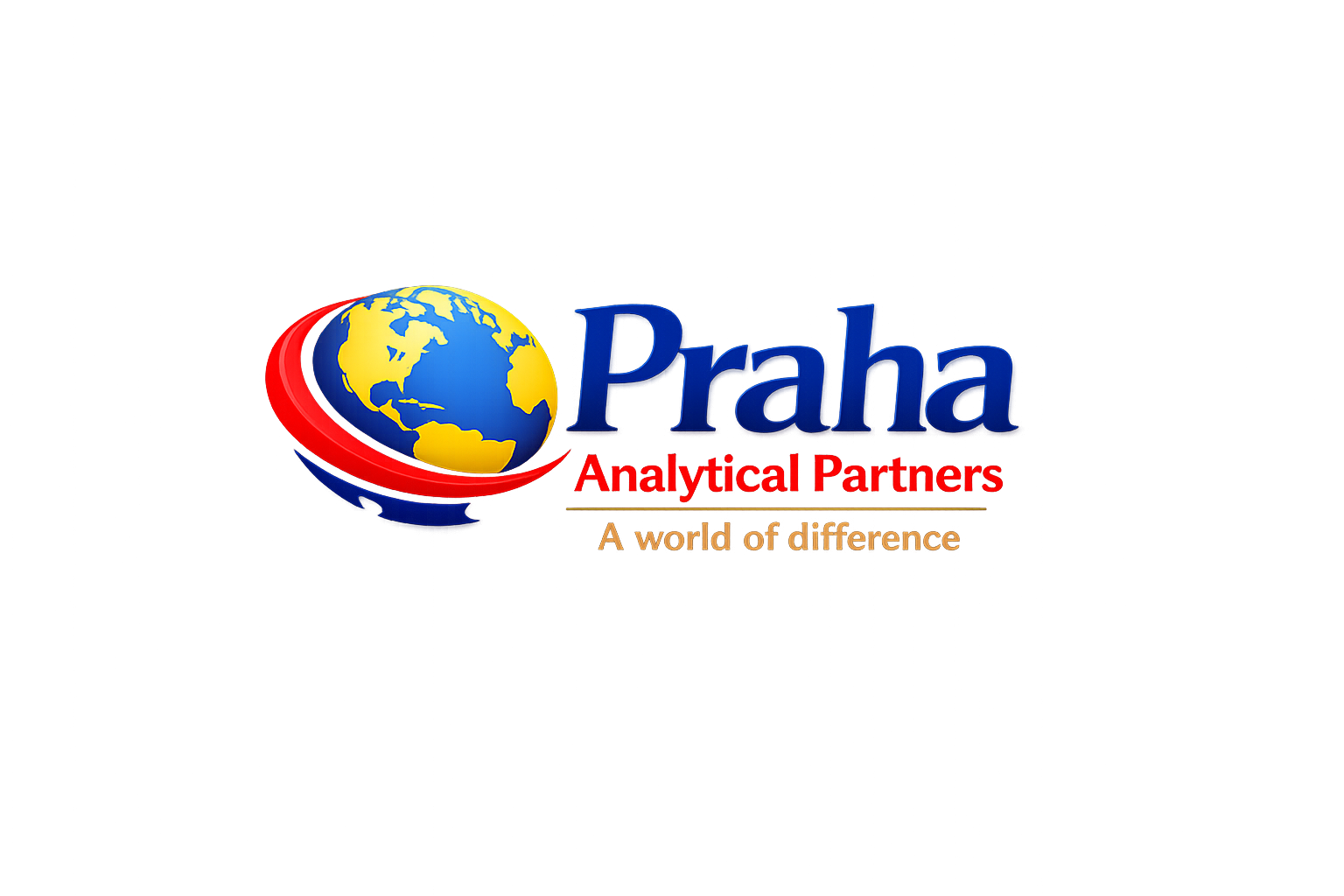 Logo with a globe showing North and South America, alongside the text 'Praha' in blue, 'Analytical Partners' in red, and the tagline 'A world of difference' in gold. The logo has a black background.
