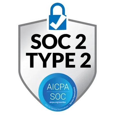Security badge indicating SOC 2 Type 2 certification with AICPA SOC logo at the bottom.