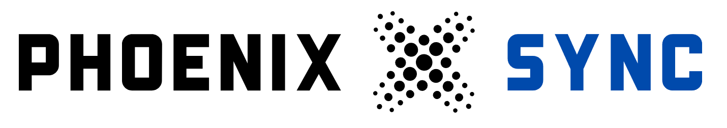 Phoenix Sync logo with the words 'PHOENIX' in black, a dotted X in the middle, and 'SYNC' in blue.