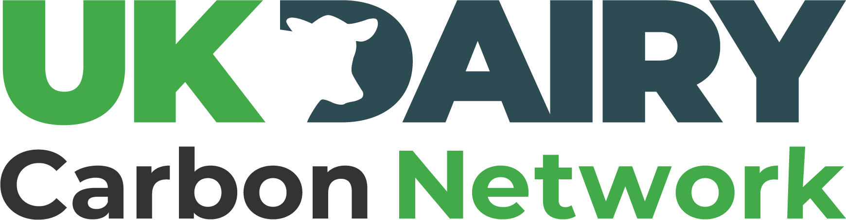 Logo of UK Dairy Carbon Network with the words 'UK Dairy' in large green and blue letters, a black cow silhouette, and the words 'Carbon Network' in smaller black and green letters.