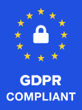 Blue GDPR compliant badge with EU stars and a lock symbol in the center
