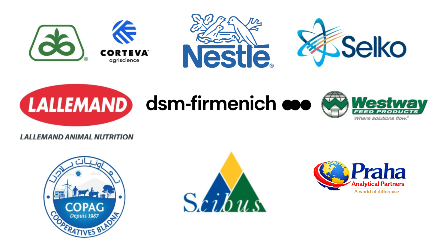 Collection of logos from various companies including Corteva Agriscience, Nestlé, Selko, Lallemand Animal Nutrition, Westway Feed Products, COPAG, SciBus, and Prah Analytical Partners.