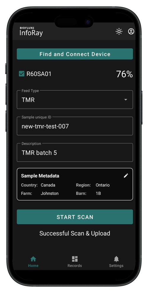 Mobile phone screen displaying the Bioflux InfoRay app with options to find and connect a device, scan, and upload sample metadata about a TMR batch in Ontario, Canada.
