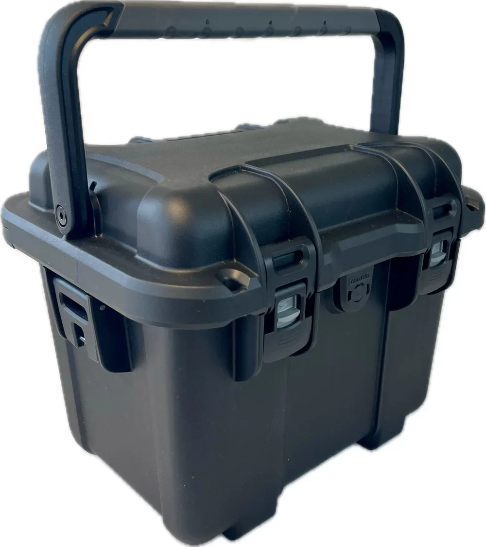 A black hard-shell storage case with a handle on top and latches on the front for securing the lid.