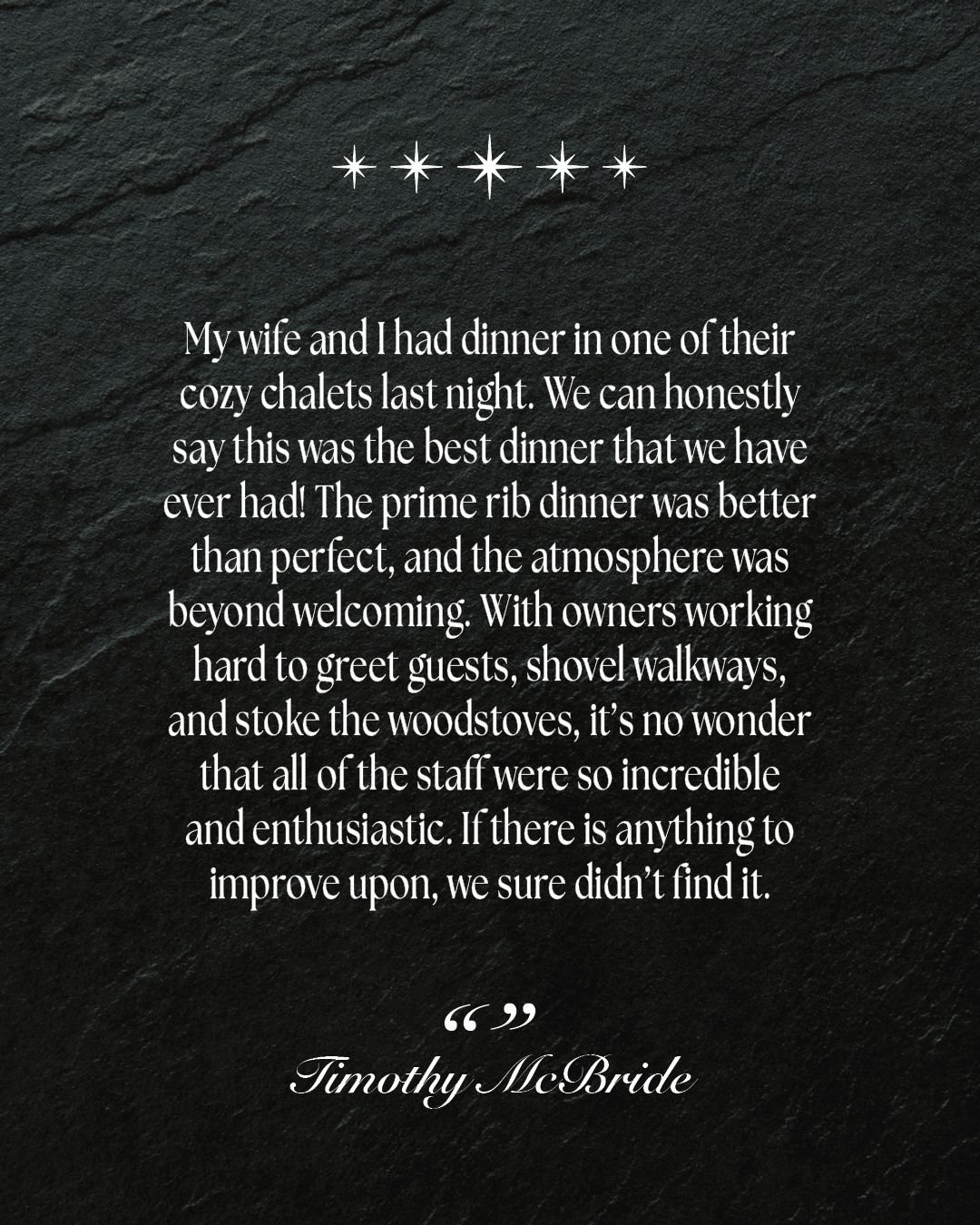 Thank you to Timothy M. and his wife for joining us for dinner and leaving such a wonderful review! 

We always do our utmost to ensure all of our guests have a fantastic time here at Tall Trees. From the food to the drinks to the atmosphere, we pay 