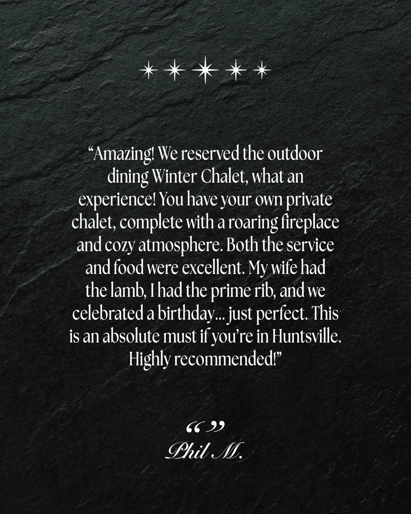 Thank you to Phil M. for this awesome review! 

Whether you&rsquo;re enjoying our private outdoor dining option as a winter chalet or a gazebo, it&rsquo;s a beautiful option for special occasions or even on a day when the weather is especially nice.
