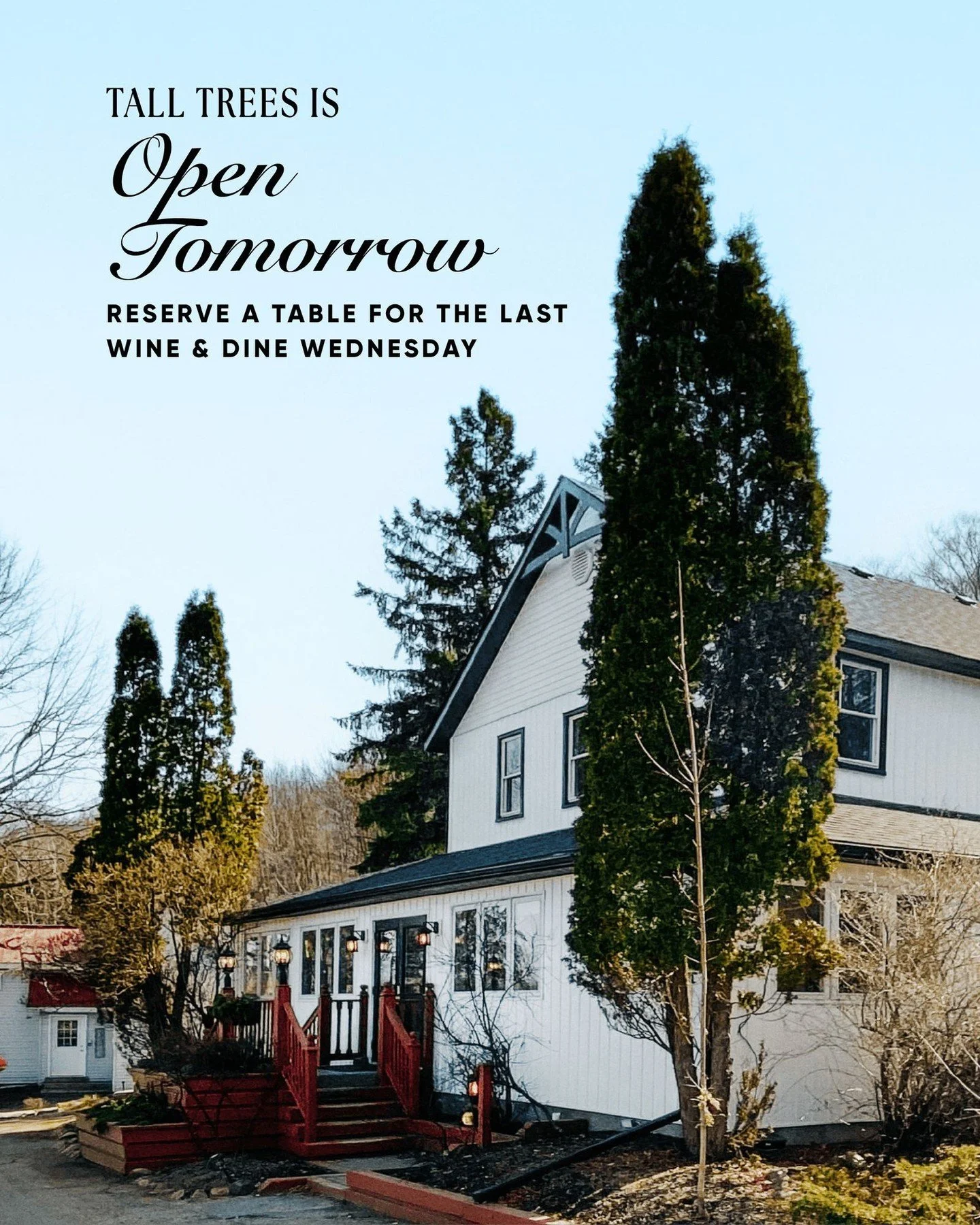 ✨Tall Trees is REOPENING Tomorrow!✨

We had a great time during our break, but we&rsquo;re ready to get back in the kitchen and to serving our loyal guests. Reserve your table now to join us for the last Wine &amp; Dine Wednesday! 

Reserve your tabl