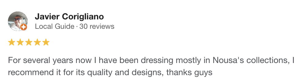 Google review highlighting Nousa natural fabrics, craftsmanship and everyday comfort