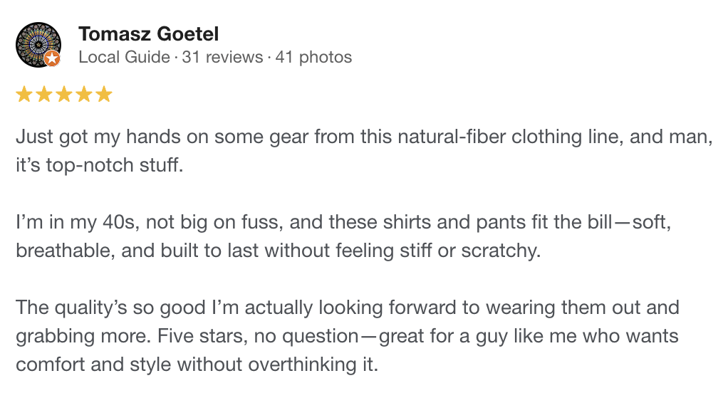 Customer review describing how wearing Nousa clothing feels natural and good