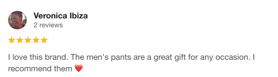 Google review of Nousa sustainable menswear praising quality and comfort of artisanal pants