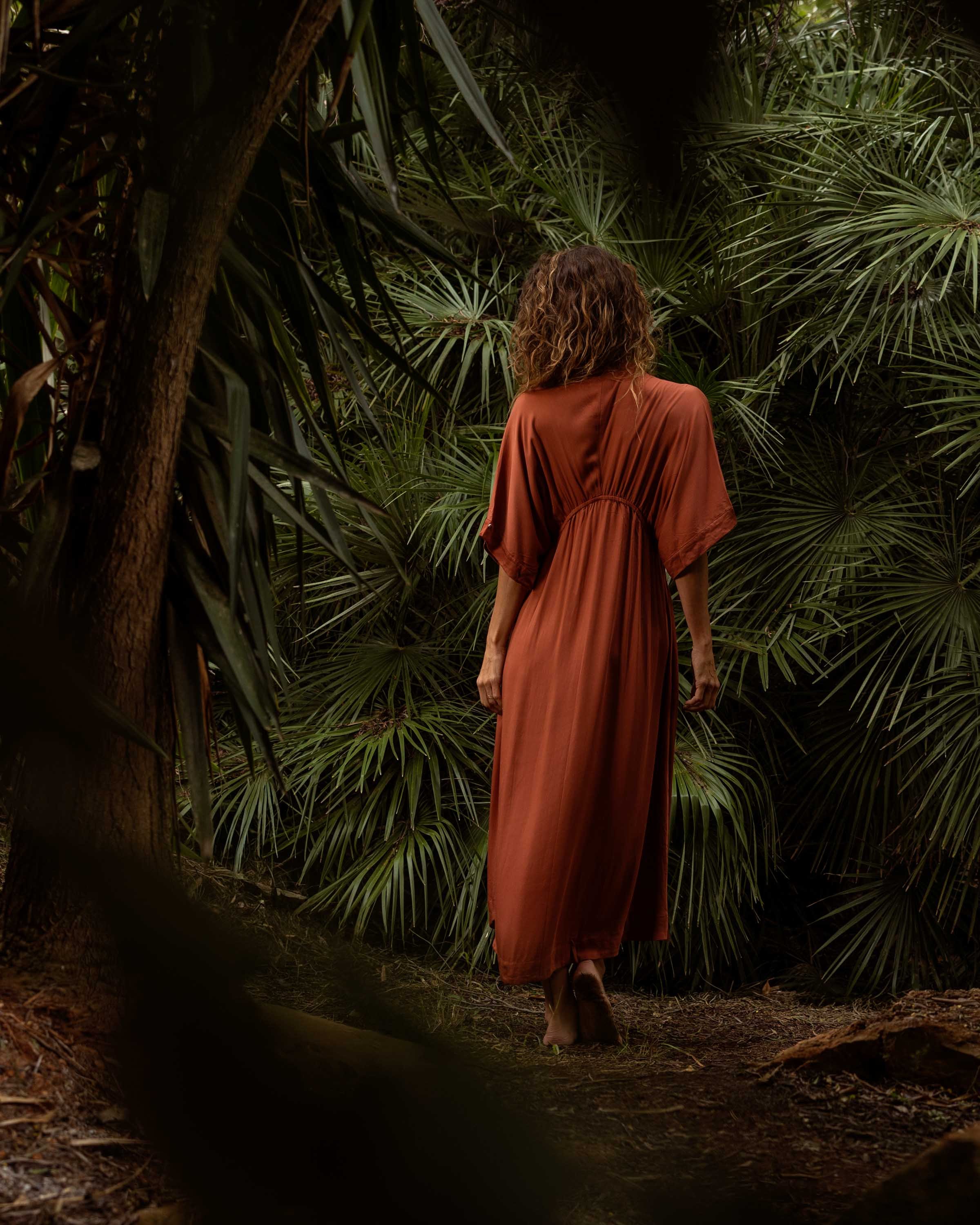 Rust Berry kaftan dress, long length, designed for effortless movement with comfortable elasticized waist and generous neckline.