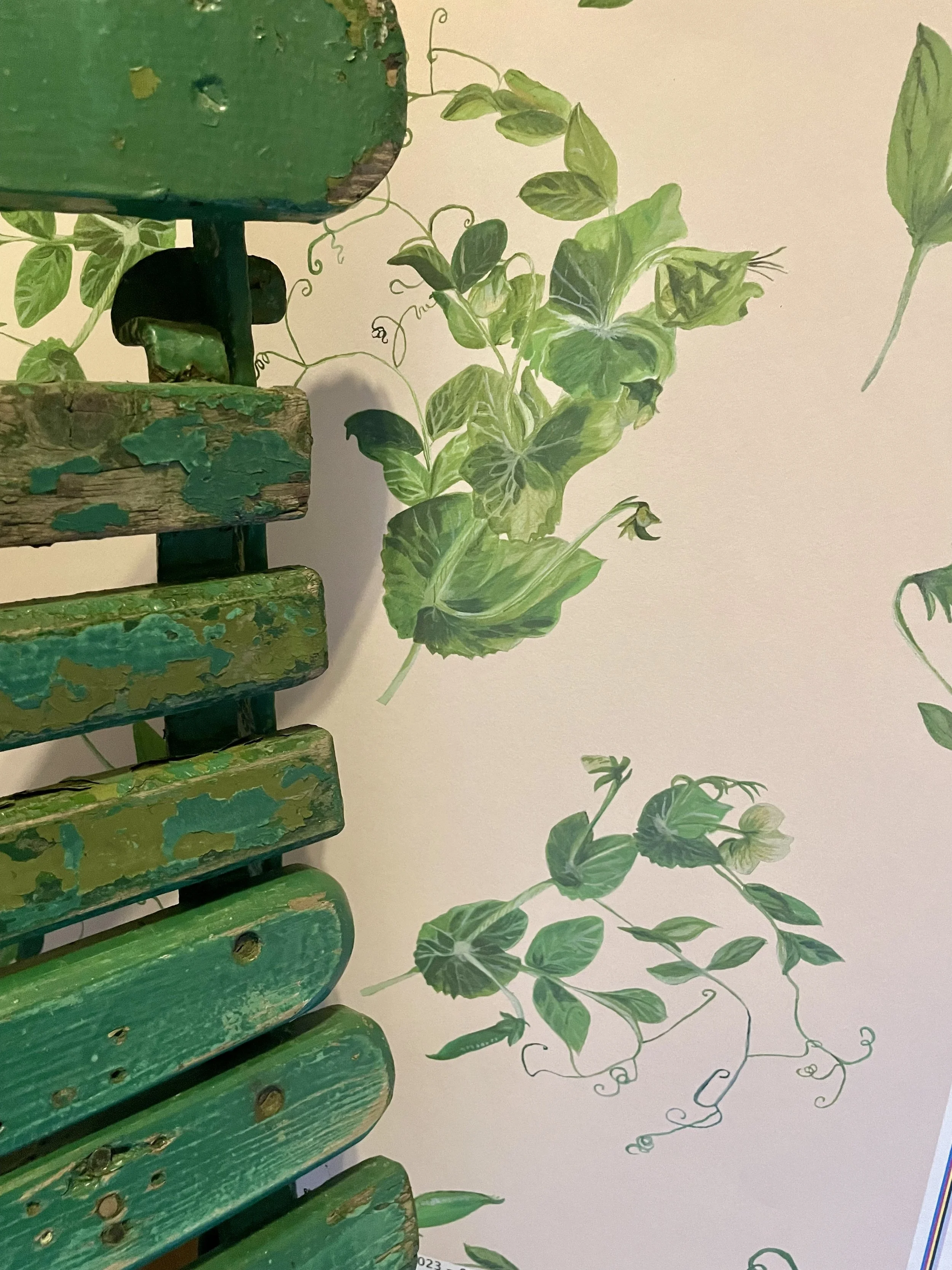 Section of a green, weathered wooden bench with peeling paint next to a wall decorated with green leafy  sweet pea plant wallpaper.