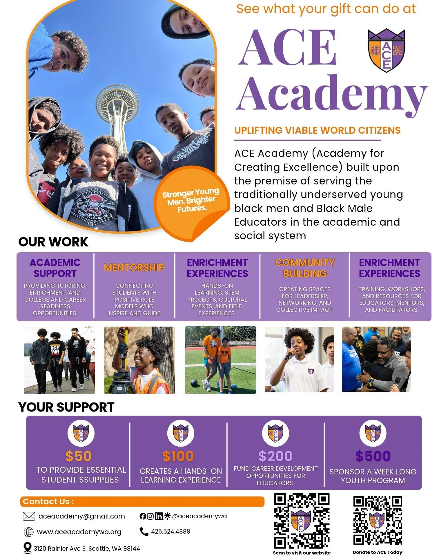 Your gift today can help create a brighter future tomorrow!

At ACE Academy, we believe in uplifting young Black men through mentorship, academic support, hands-on learning, and meaningful community connections.

Every donation, big or small, helps u