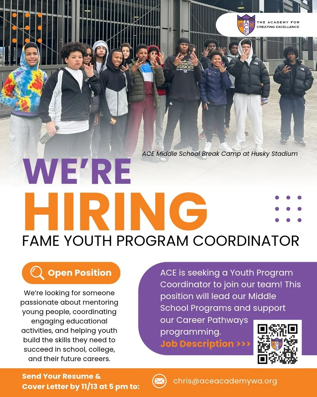 The Academy for Creating Excellence (ACE) is seeking a FAME Youth Program Coordinator to join our team! This position will lead our Middle School Programs and support our Career Pathways program.

We&rsquo;re looking for someone passionate about ment