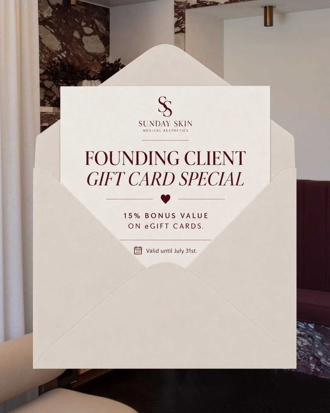 𝐅𝐨𝐮𝐧𝐝𝐢𝐧𝐠 𝐂𝐥𝐢𝐞𝐧𝐭 𝐆𝐢𝐟𝐭 𝐂𝐚𝐫𝐝𝐬 ✨

To celebrate the opening of Sunday Skin, receive 15% 𝙗𝙤𝙣𝙪𝙨 𝙫𝙖𝙡𝙪𝙚 on gift cards! 𝙑𝙖𝙡𝙞𝙙 𝙩𝙝𝙧𝙤𝙪𝙜𝙝 𝙅𝙪𝙡𝙮 31𝙨𝙩.

Thank you for supporting our launch and helping us build someth