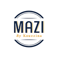 Logo for MAZI by Kouzzina featuring the word 'MAZI' in large black letters, with 'By Kouzzina' in smaller orange text underneath, enclosed within two curved lines.