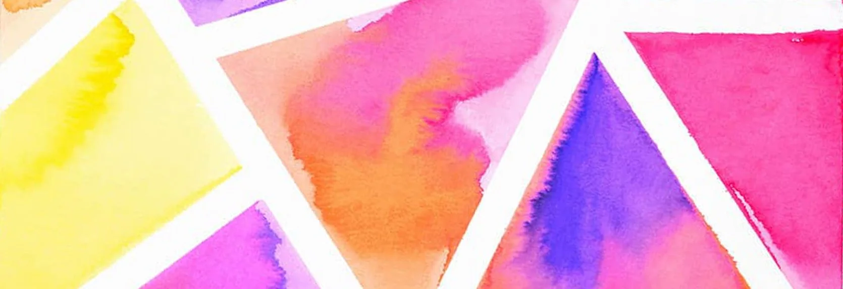 Little Art House Foundation Hadley Park Library Class Tape Resist Watercolors — A geometric watercolor painting of triangles in yellow, orange, pink, and purple, separated by crisp white tape-resist lines.