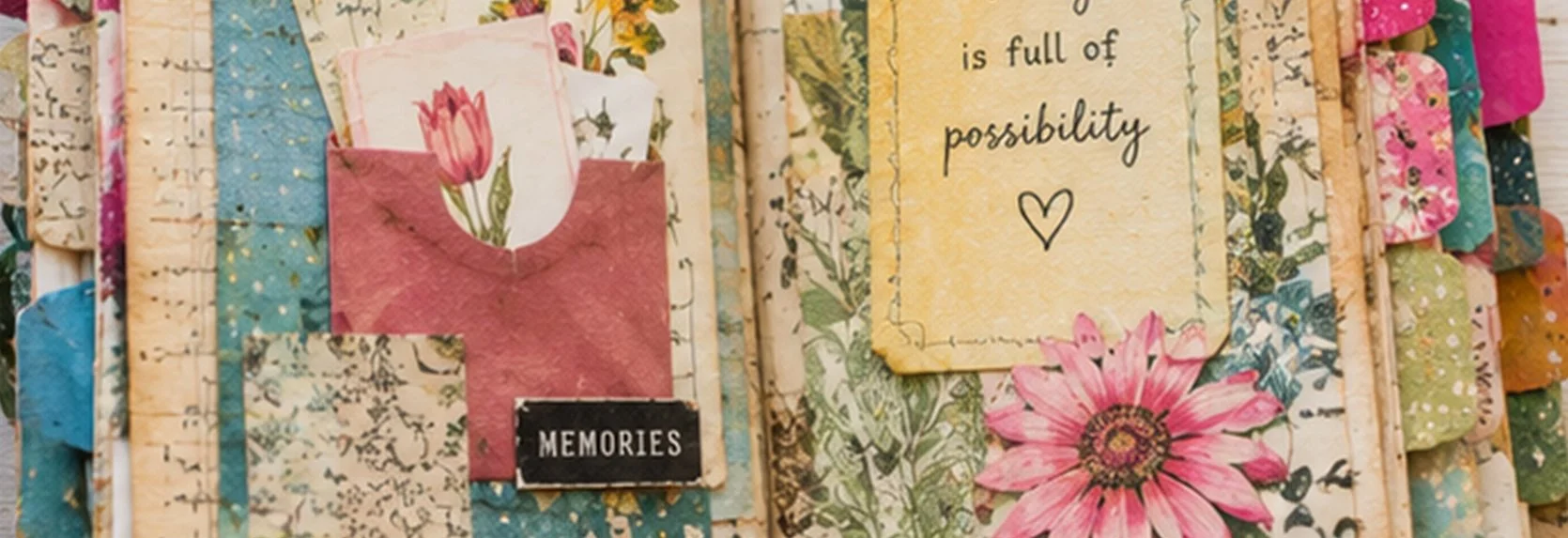 Little Art House Foundation Hadley Park Library Class Junk Journal — An open handmade junk journal spread with floral paper, a pink envelope holding a tulip card, a "Memories" tag, and a note reading "is full of possibility" beside a pink flower.