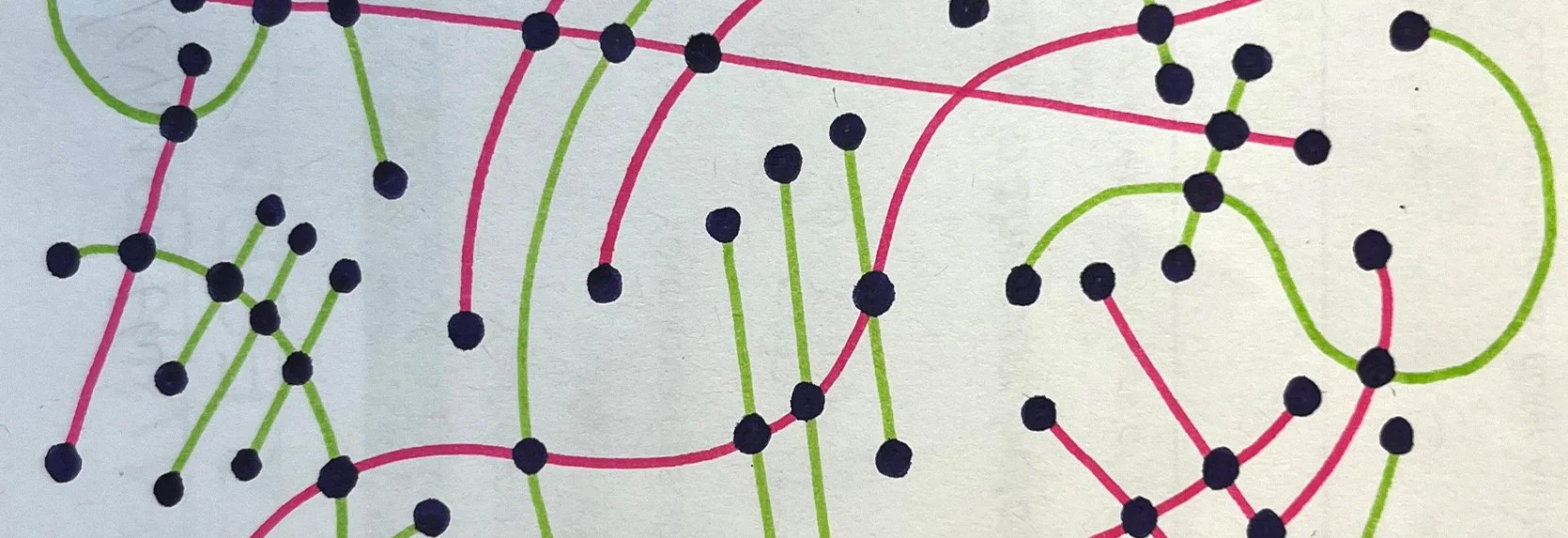Little Art House Foundation Hadley Park Library Class Meditative Drawing — An abstract meditative drawing of dark dots connected by looping pink and green lines.