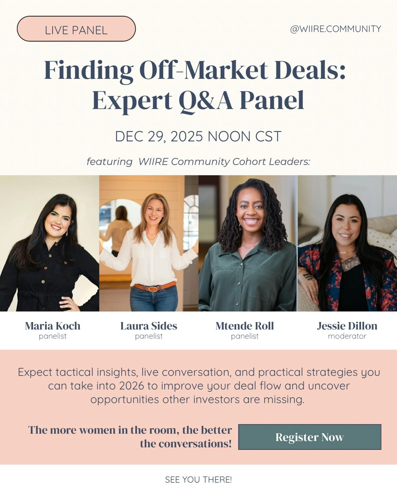 Ready to find deals that aren&rsquo;t already picked over? 👀

We&rsquo;re hosting a FREE Expert Panel on Finding Off-Market Deals with these powerhouse Cohort Leaders inside The WIIRE Community!

@nocoastinvesting
@sides_investing 
@mtende_theinvest