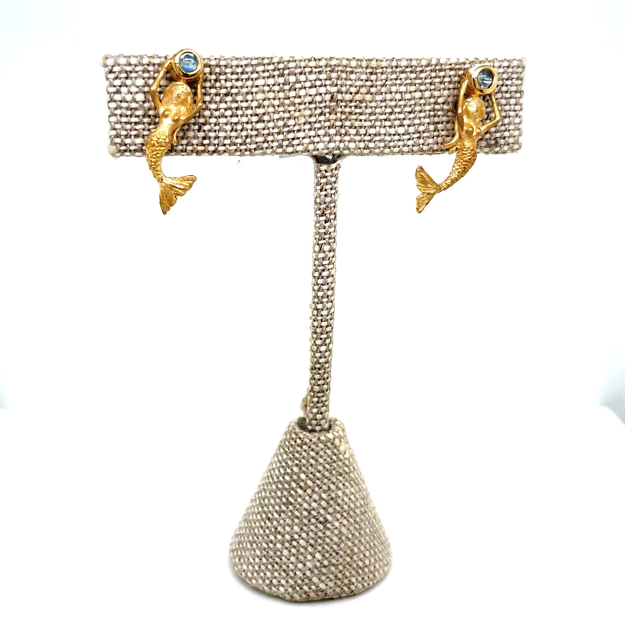 14K Yellow Gold Mermaid Earrings with Moonstone and Blue Topaz