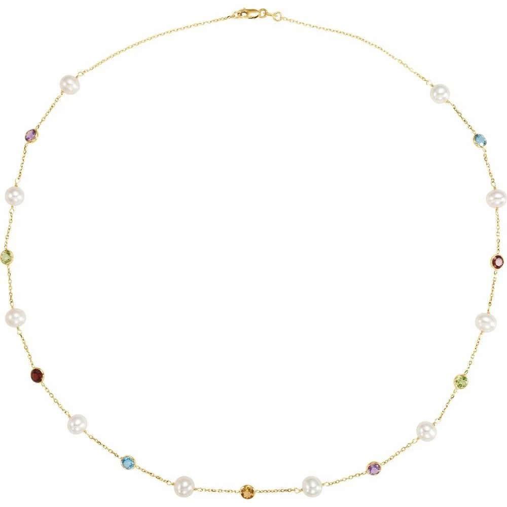 14K Yellow Gold Cultured White Freshwater Pearl & Multi-Gemstone 10-Station Necklace