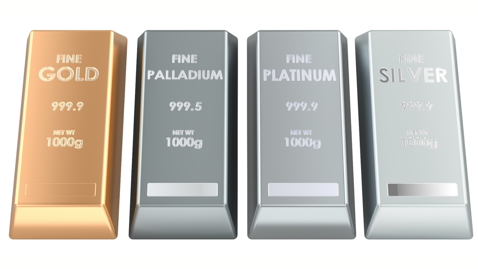 Four silver and gold bars labeled as Gold, Palladium, Platinum, and Silver with weights and purity levels.