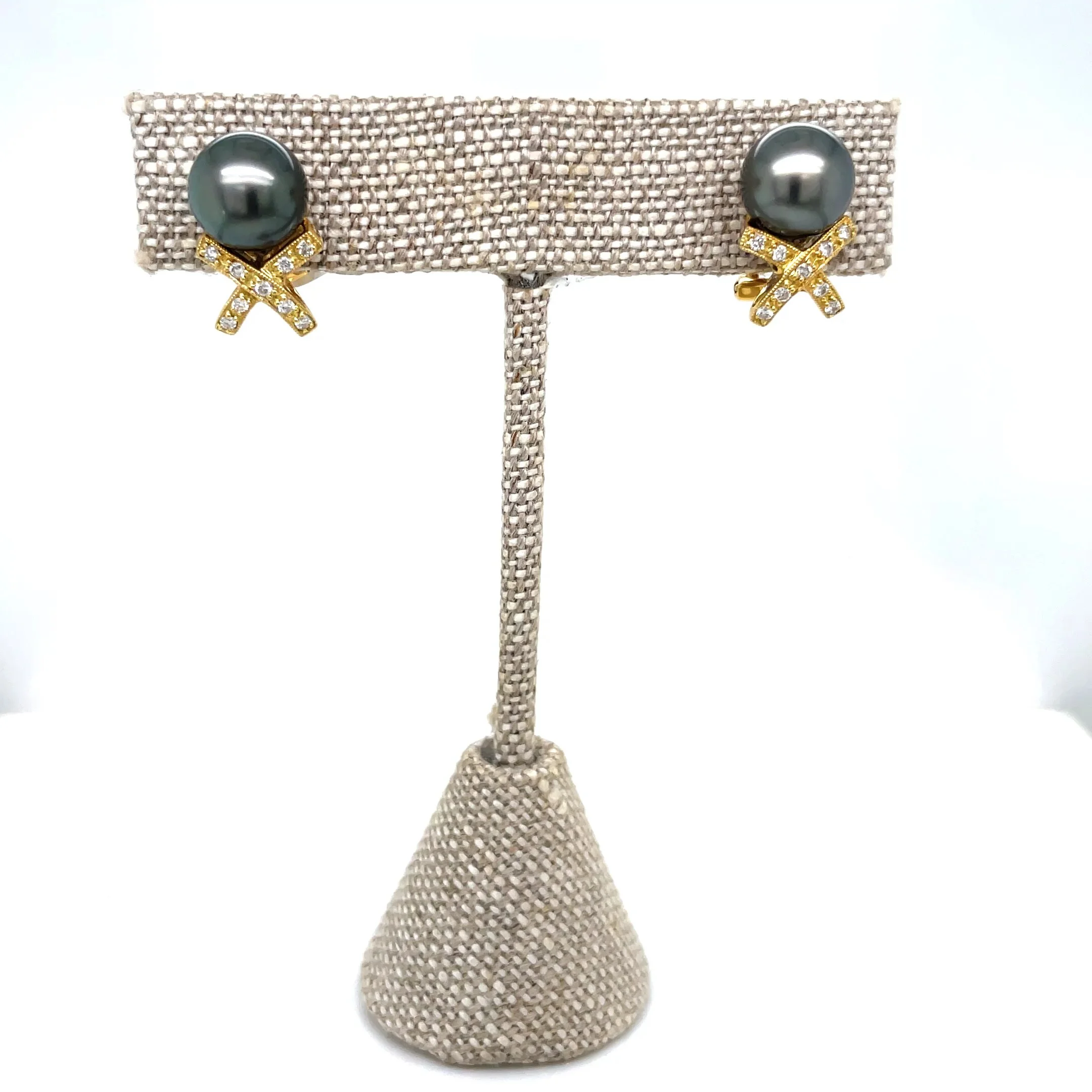 18K Yellow Gold Tahitian Pearl Diamond Omega Back Earrings