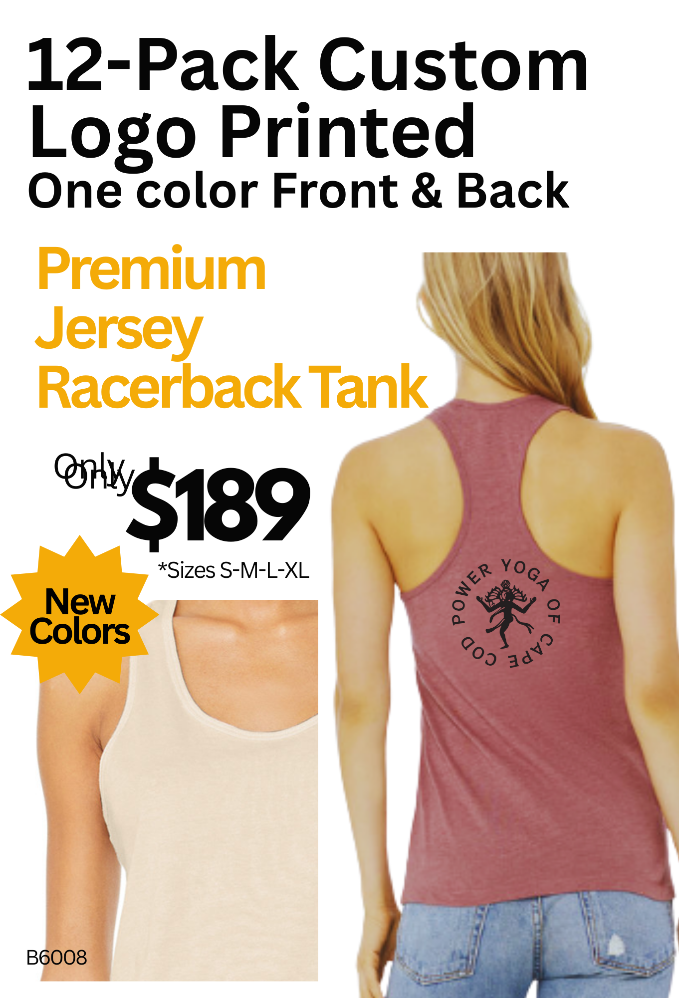12-Pack Premium Jersey Racer Tanks printed on Front + Custom Logo Back