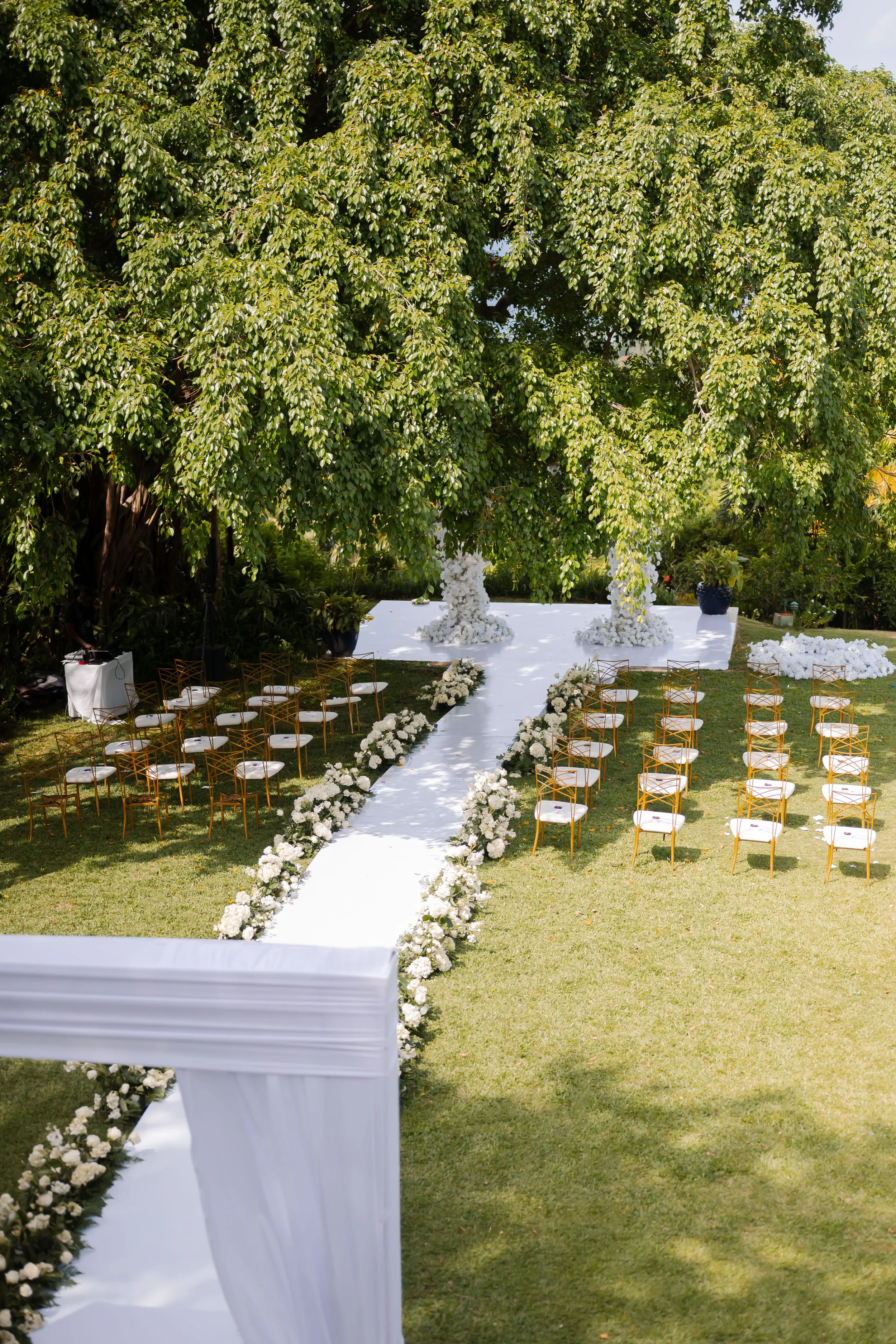Outdoor wedding setup with white aisle runner decorated with white flowers, leading to a ceremony area under a large, leafy tree. Gold chairs are arranged on either side of the aisle, and two large floral arrangements are placed at the front near a w