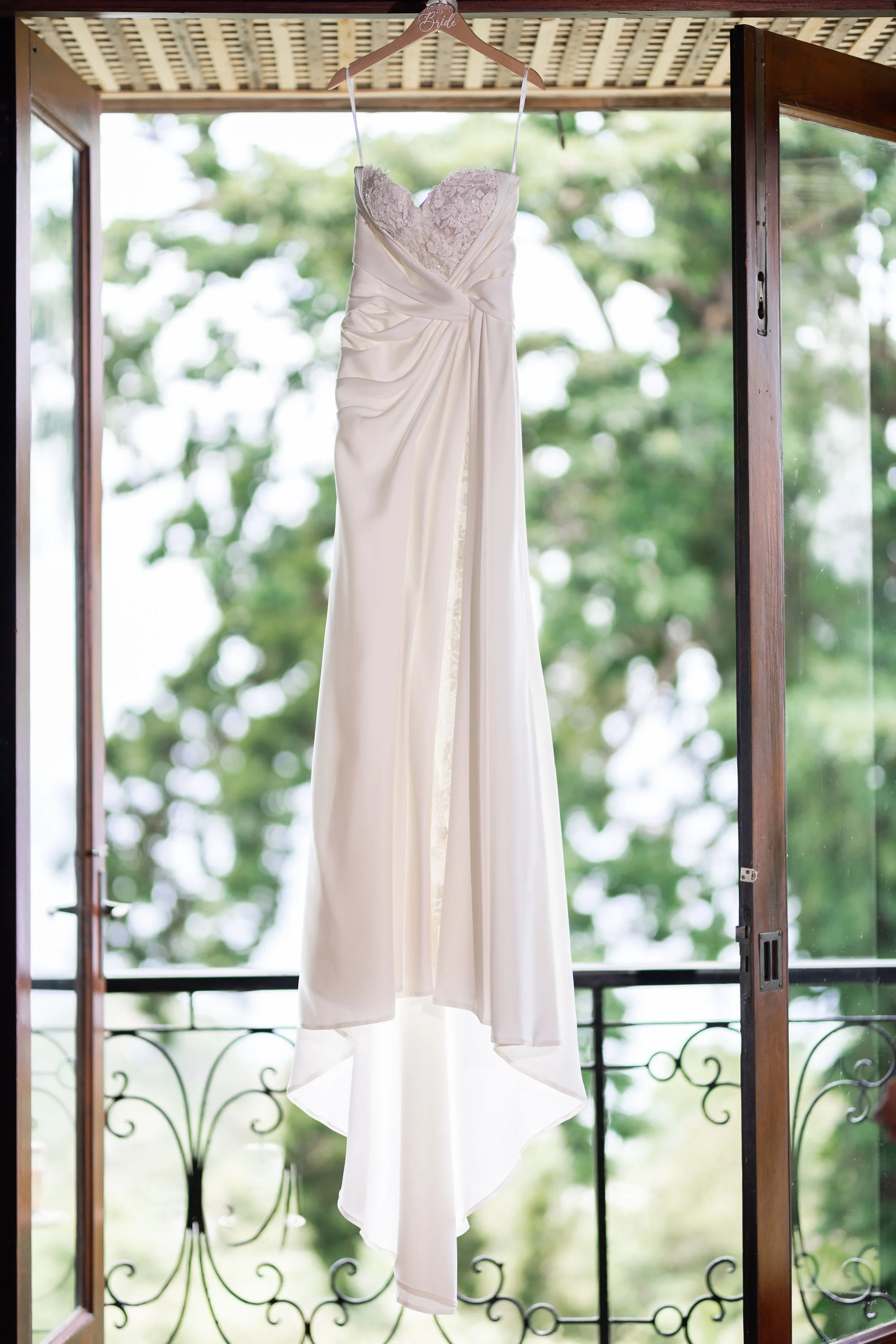 Bridal gown in Norse Hill estate balcony for Jamaican wedding