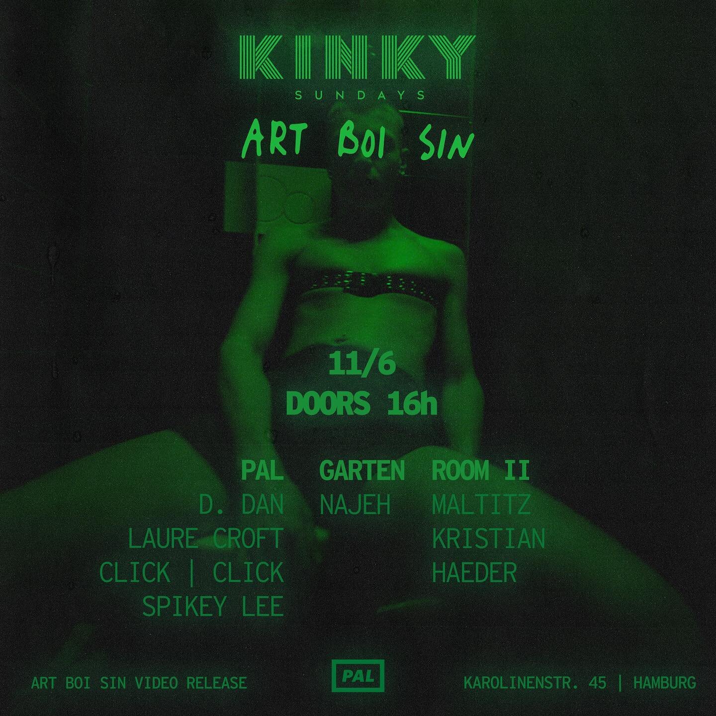🤫 prelease of ART BOI SIN today at @kinky.sundays @pal.hamburg 4PM &ndash; swing by if you want to catch a glance at this fever-dream of a video 💚 official release thursday over at our friends @diffusmagazin &ndash; super stoked. 

artwork by @ofli