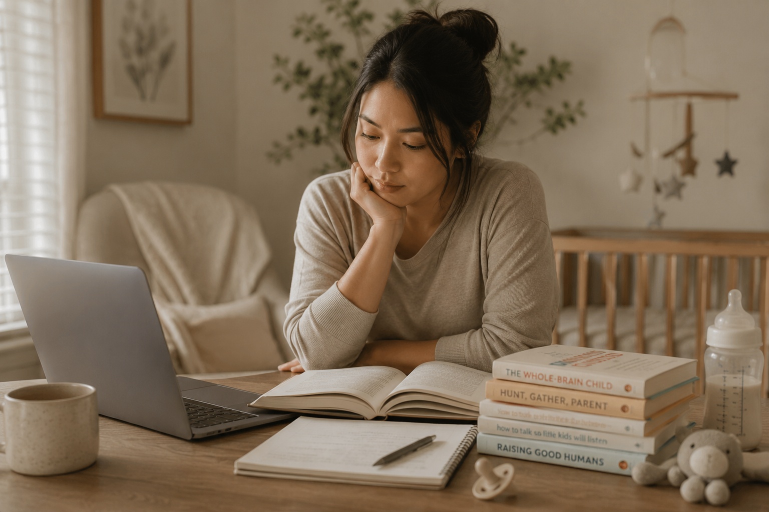New parent sitting at a table with a laptop and baby items, reflecting the decision fatigue of postpartum perfectionism.
