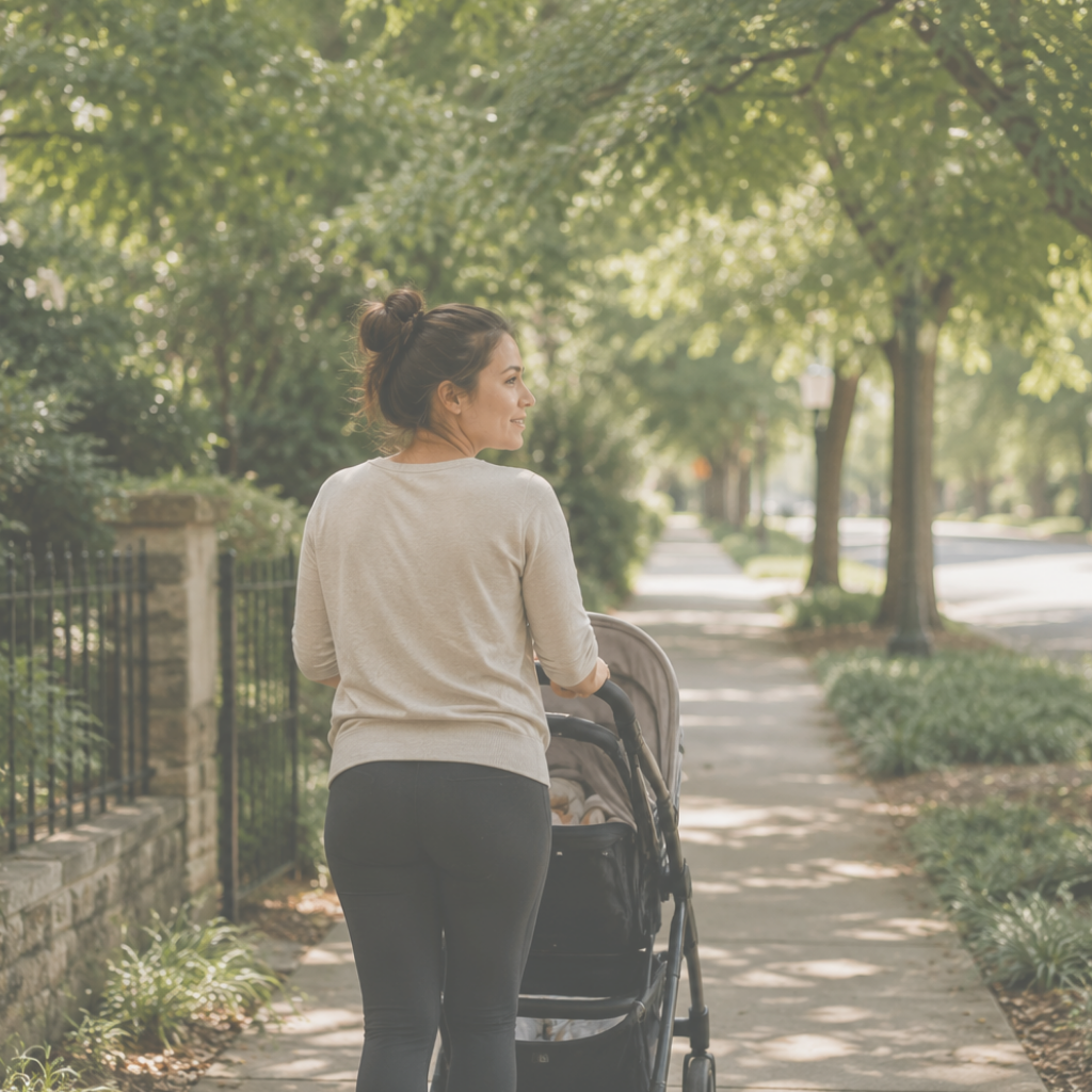 Parent walking with a stroller on a tree-lined path, representing support through the transition into parenthood.