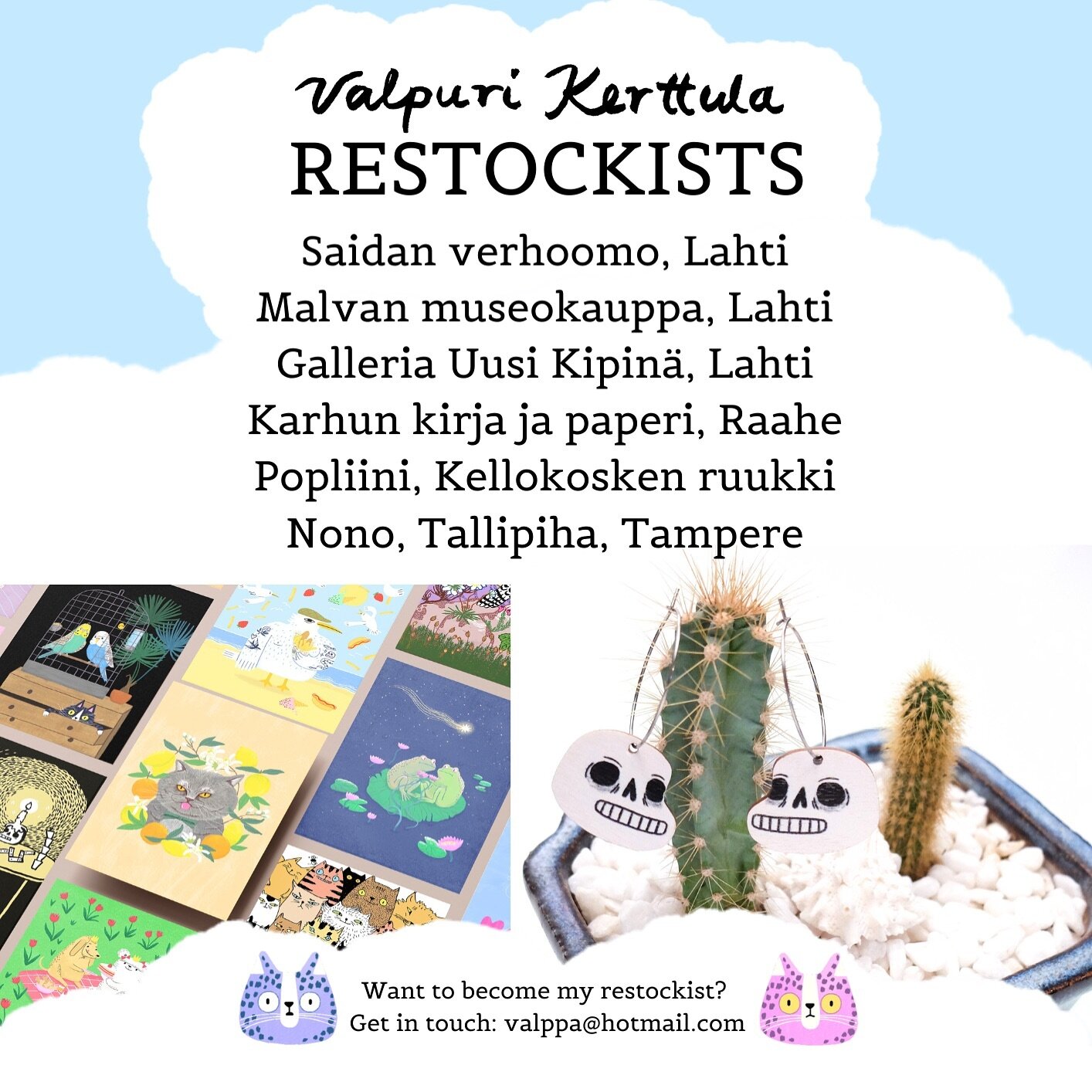 Here is my new and updated restockist list for you if you wish to see my art and products in real life🙂🌷🌷
I am also looking for new ones at the moment, so please let me know if you have any suggestions, I would love find a restockist in all the bi