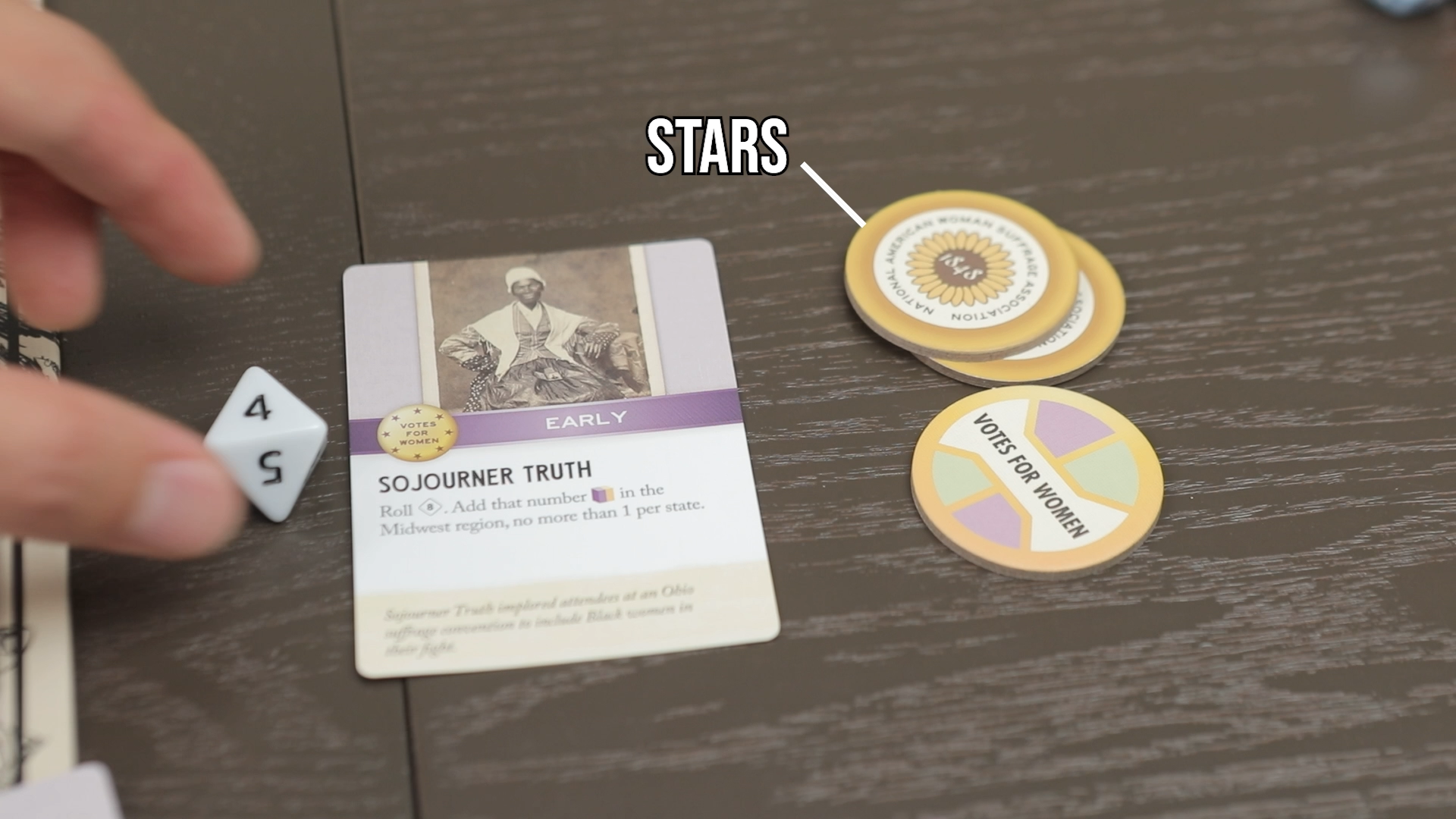Play historical events from hand, and re-roll their outcomes using stars.